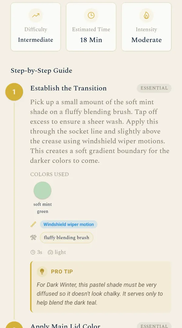 BeautySpark tutorial screen listing numbered eye makeup steps with a time for each