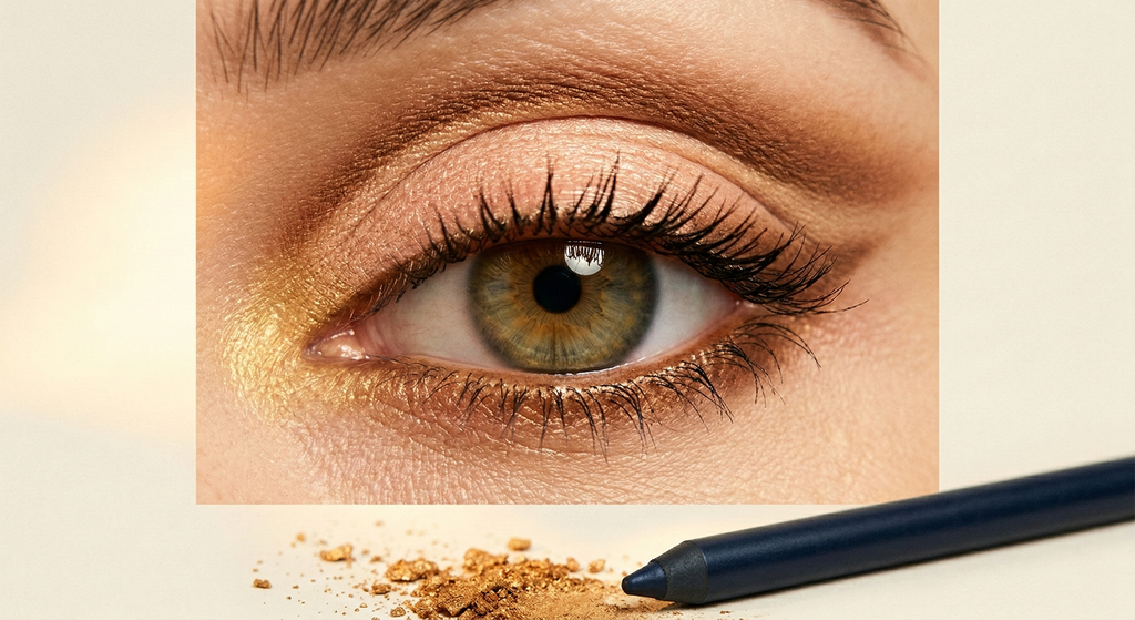 Close-up of a single eye with a metallic packed shimmer lid, sharp concealer-cut matte crease, graphic black winged liner, and a bold structured brow, shot against a cream backdrop with loose gold pigment nearby