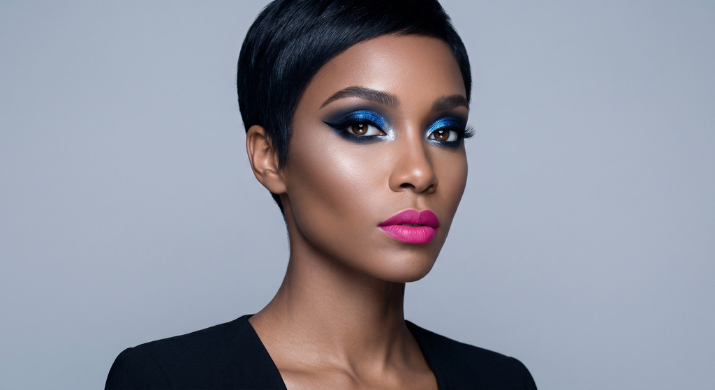 Sapphire jewel halo eye with cool black outer and graphic black wing on Bright Winter coloring