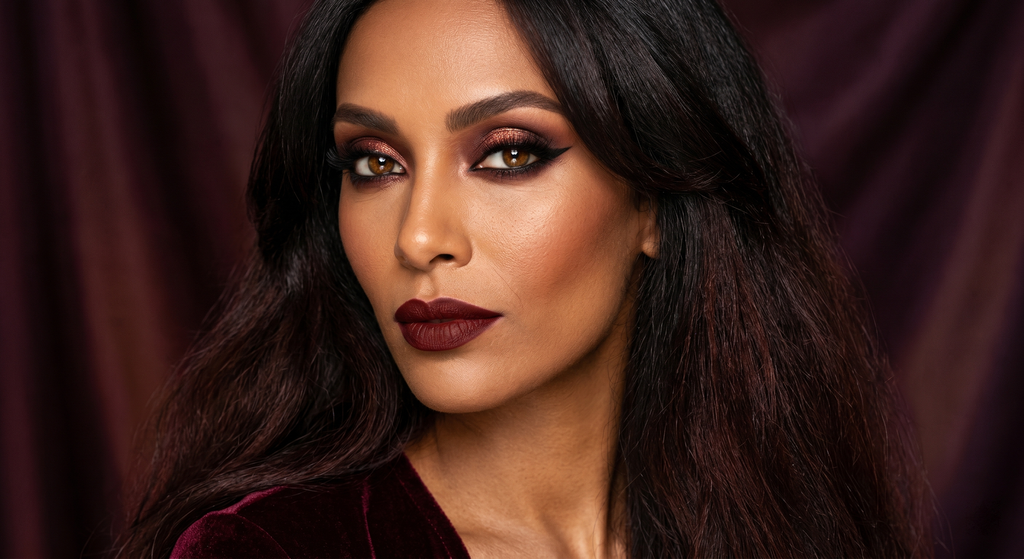 Deep burgundy blown-out smokey eye with copper-burgundy shift center, black wing, and oxblood lip on Dark Autumn coloring