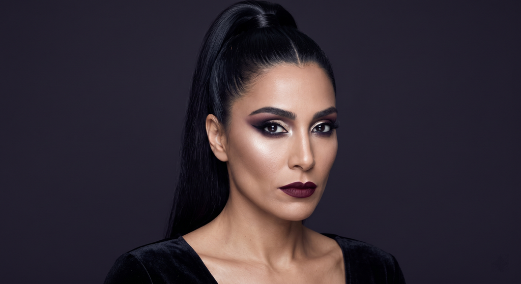 Cool platinum halo eye with deep aubergine inner, cool black outer, graphic black wing, and vampy oxblood lip on Dark Winter coloring