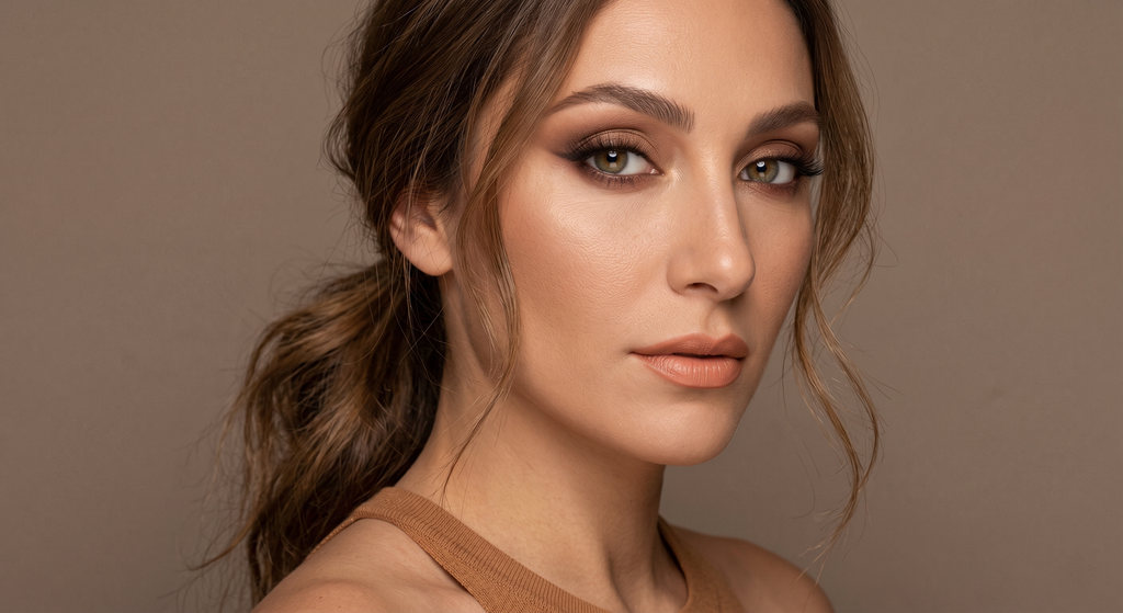 Warm muted brown smokey eye with caramel-bronze center and graphic warm brown wing on Soft Autumn coloring
