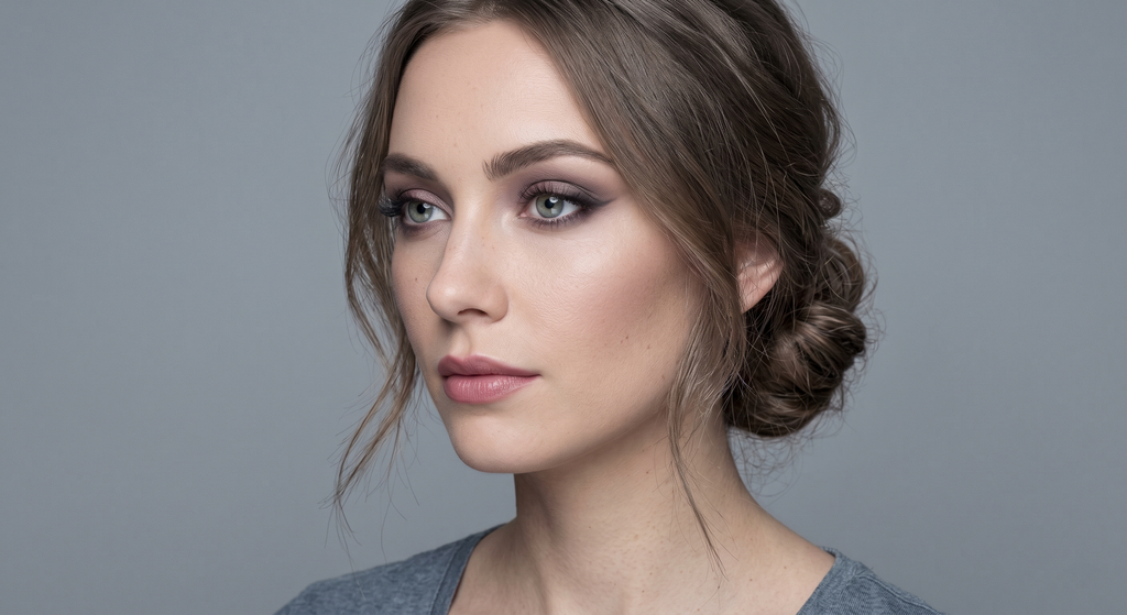 Cool plum smokey eye with mauve satin center and graphic slate wing on Soft Summer coloring
