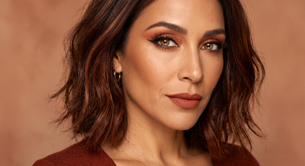 Terracotta and copper blown-out crease with graphic espresso wing on True Autumn coloring