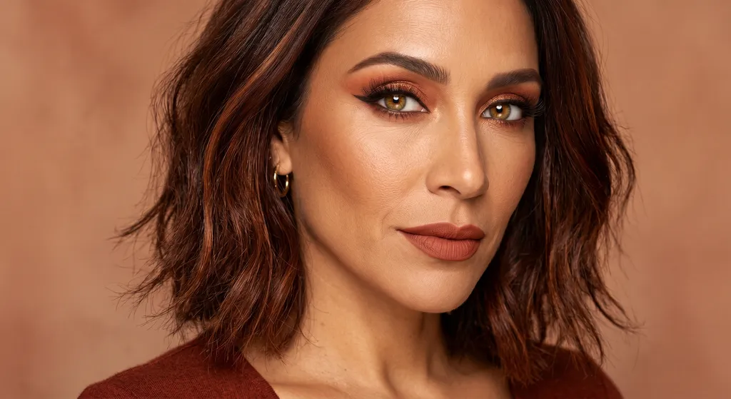 Terracotta and copper blown-out crease with graphic espresso wing on True Autumn coloring
