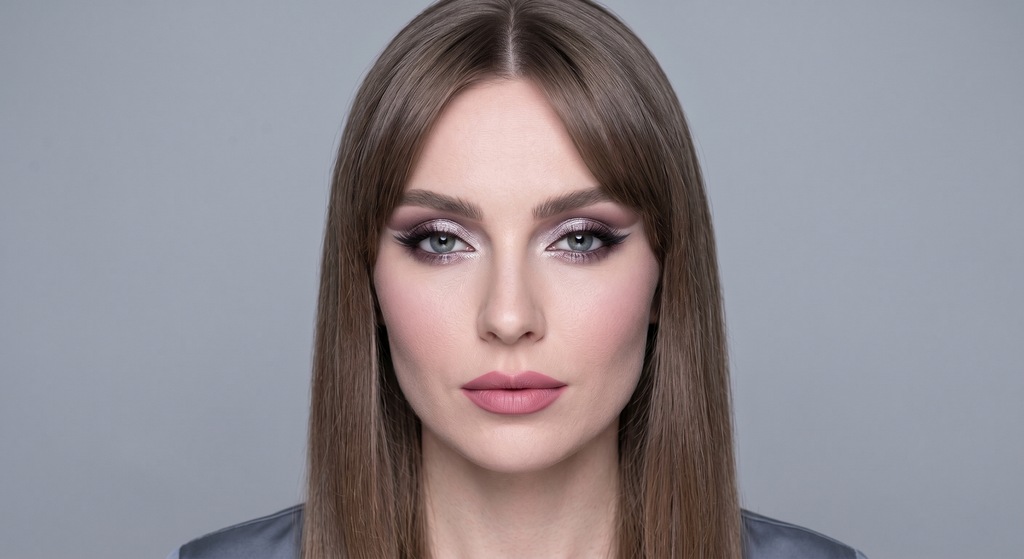 Cool mauve cut crease with packed rose-silver lid and graphic slate wing on True Summer coloring