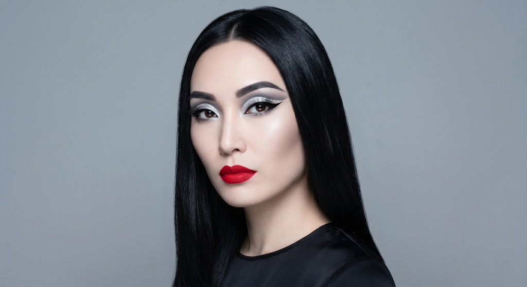 Icy silver cut crease with razor-sharp slate cut line and graphic black wing on True Winter coloring