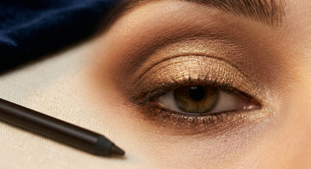 Close-up of a single eye with a blended cappuccino smoky look and sheer gold shimmer on the lid, shot against cream textured surface with a kohl pencil lying beside it and navy velvet behind
