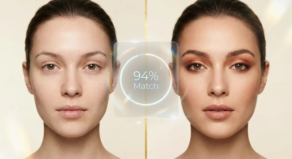 AI-generated personalized eye makeup look showing before and after with 94% match score