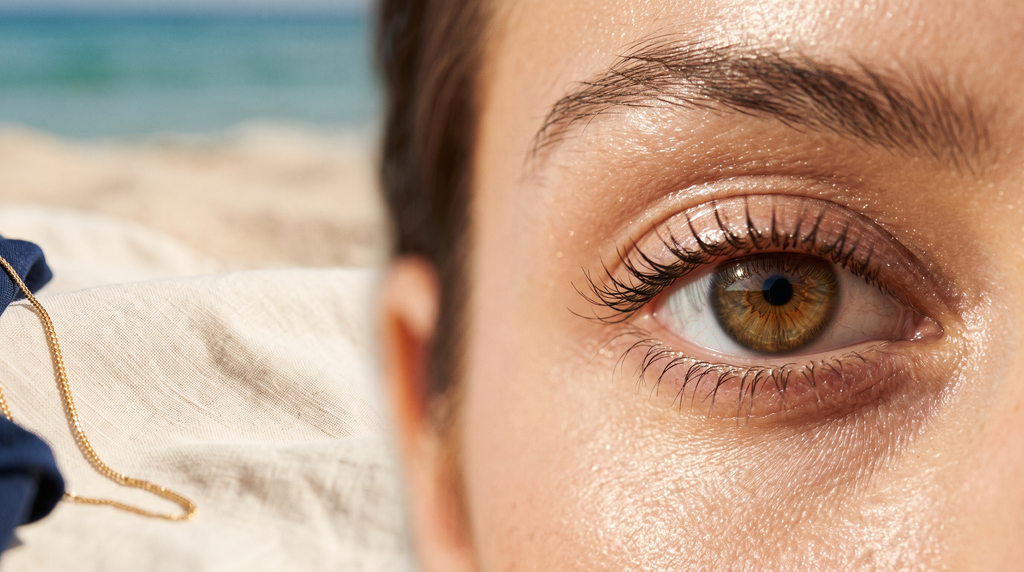 Close-up of a dewy, glazed eye look catching soft daylight, with a hint of sand and water texture in the blurred background