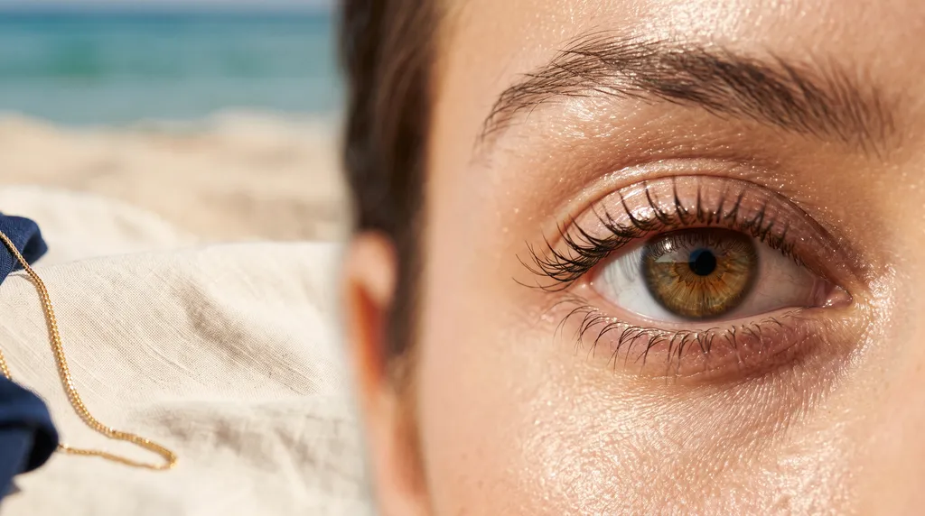 Close-up of a dewy, glazed eye look catching soft daylight, with a hint of sand and water texture in the blurred background