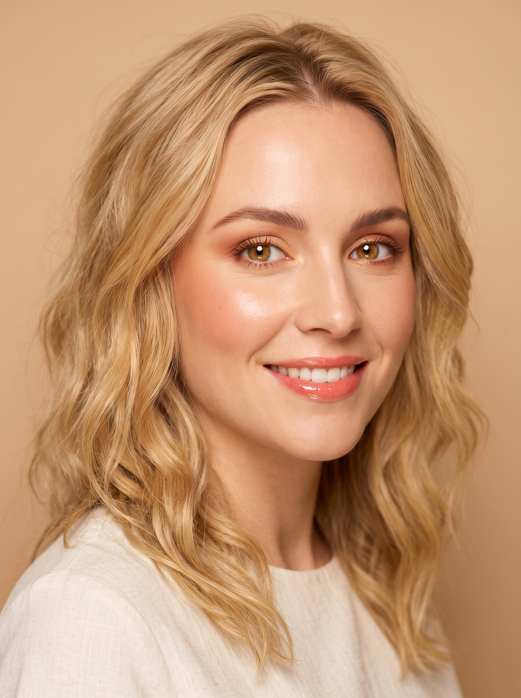 Bright Spring beach eye with a warm champagne set base, golden-peach shimmer on the lid, terracotta in the outer corner, and a sheer glossy coral worn across the lid center, cheekbones, and lips