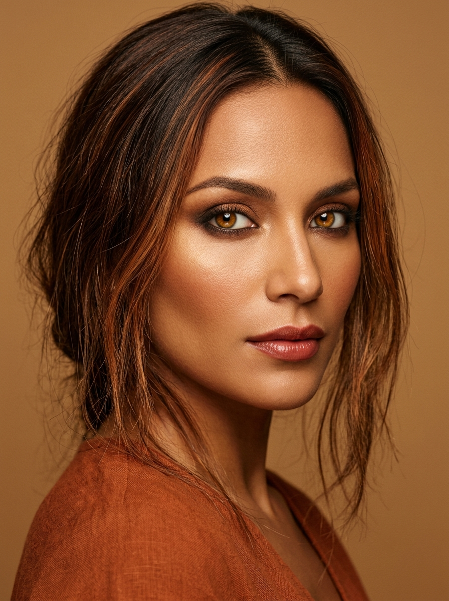 Dark Autumn beach eye with a warm bronze set base, rich copper on the lid, and a deep warm espresso smoke diffused into the outer corner and lower lash line for a richer, warmer edgeless finish