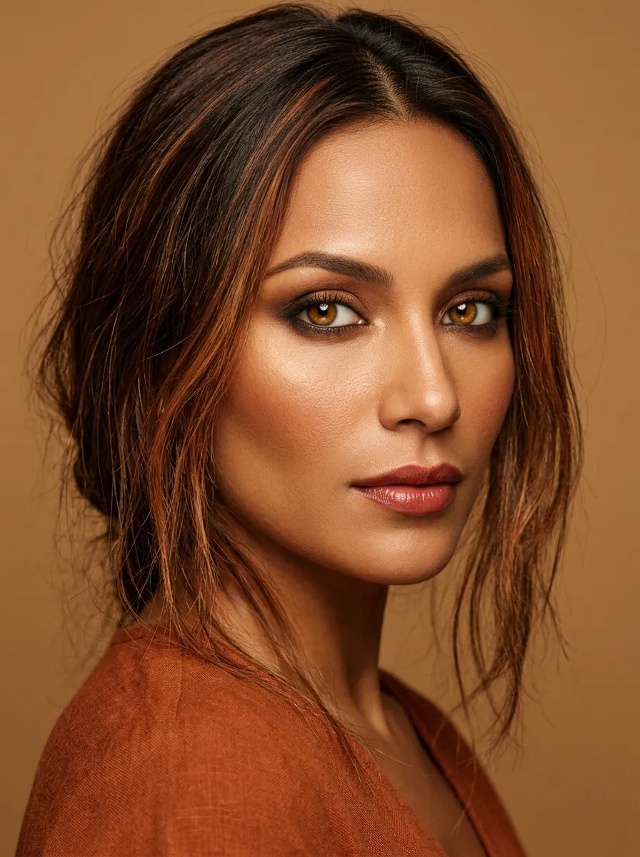 Dark Autumn beach eye with a warm bronze set base, rich copper on the lid, and a deep warm espresso smoke diffused into the outer corner and lower lash line for a richer, warmer edgeless finish