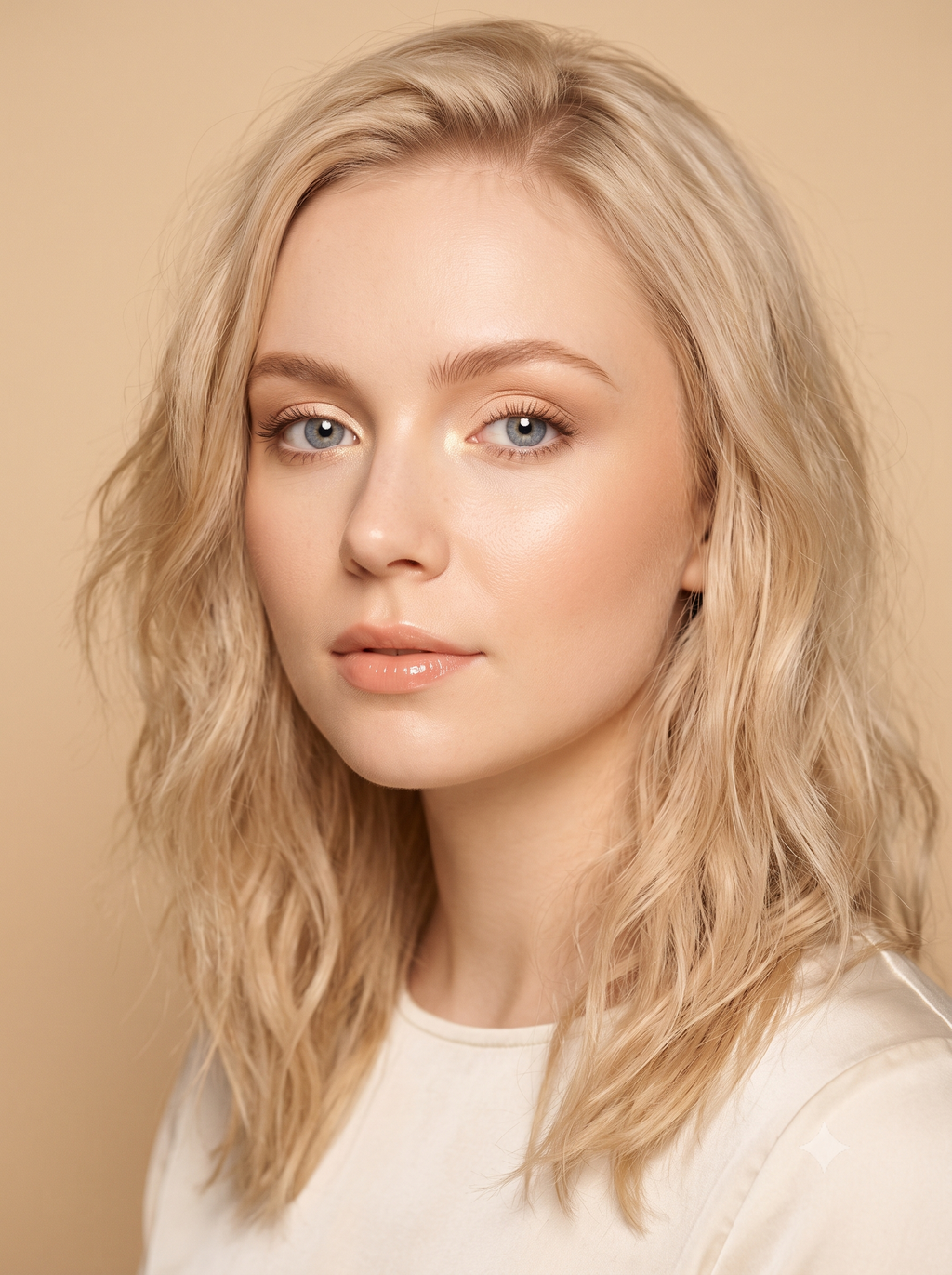 Light Spring beach eye with a pale champagne base, soft peachy-gold across the lid, warm taupe barely in the outer crease, and a bright warm-champagne point pressed into the inner corner and onto the nose bridge
