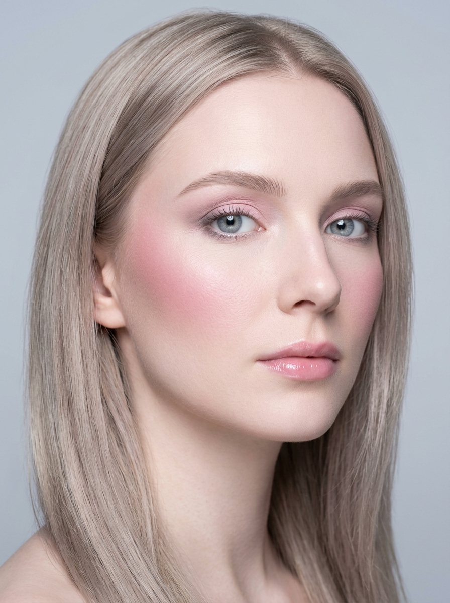 Light Summer beach look with a cool pink lid base, pinky-mauve satin, grayed taupe softly in the outer corner, and cool rose blush swept high across the cheeks and nose bridge like a gentle sunburn