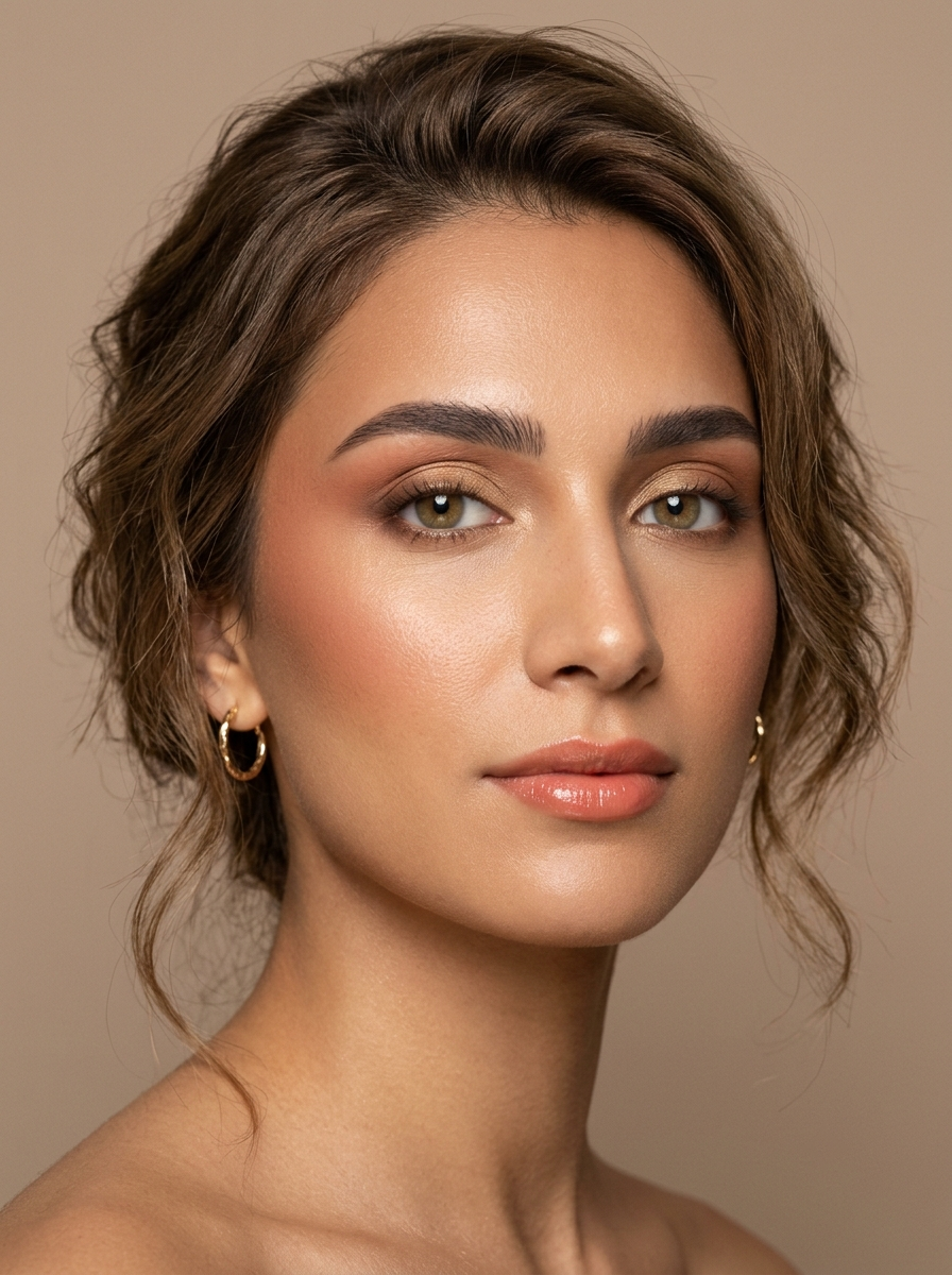 Soft Autumn beach look with muted terracotta cream blush draped from cheekbone to temple and onto the outer lid, set and topped with muted gold satin and soft taupe-brown corner definition