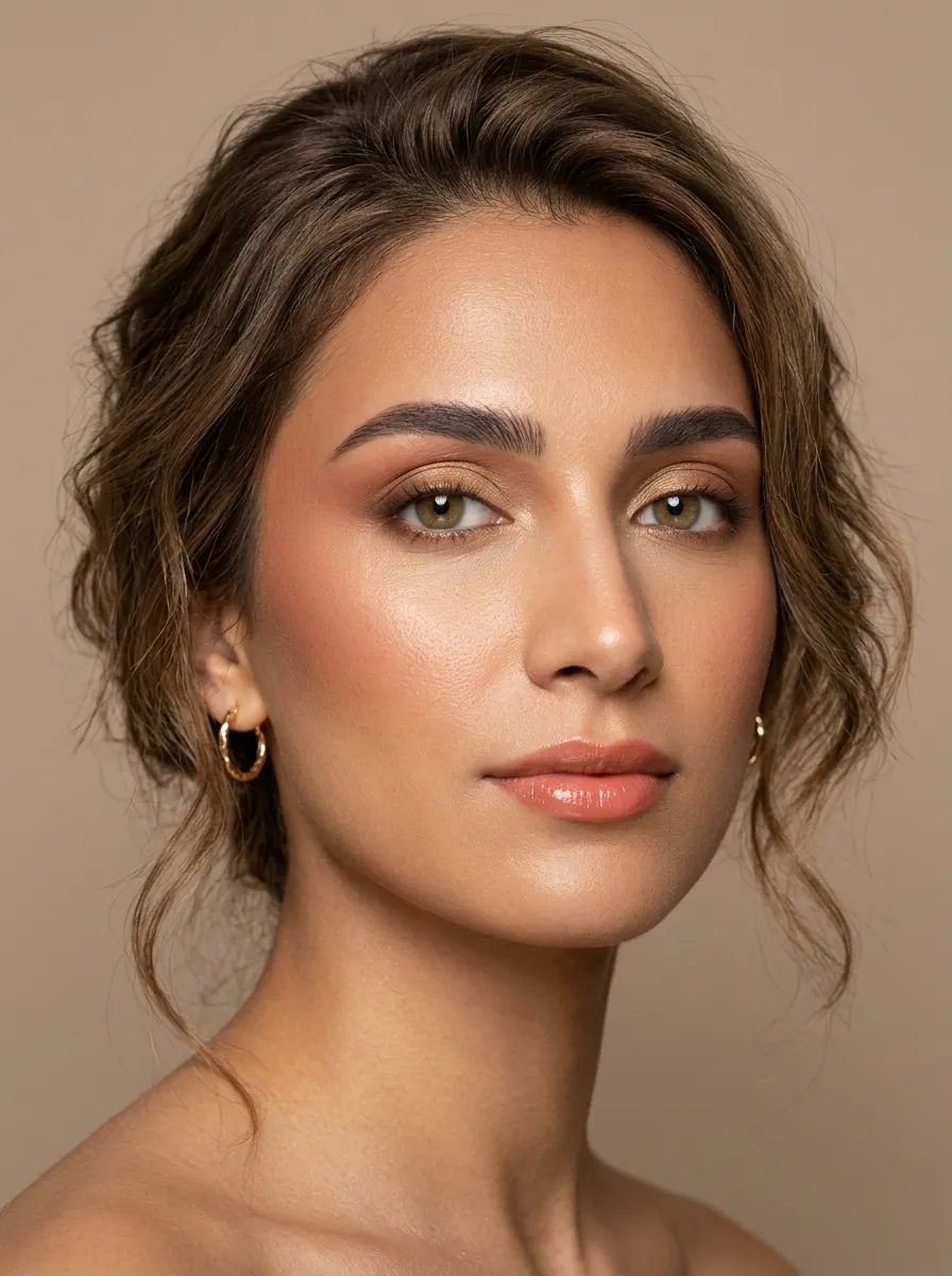 Soft Autumn beach look with muted terracotta cream blush draped from cheekbone to temple and onto the outer lid, set and topped with muted gold satin and soft taupe-brown corner definition