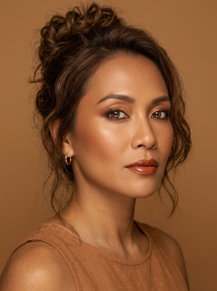 True Autumn beach eye with a warm gold set base, copper shimmer, rich rust in the low outer corner, and a sheer spiced bronze-terracotta gloss worn across the lid center, cheekbones, and lips