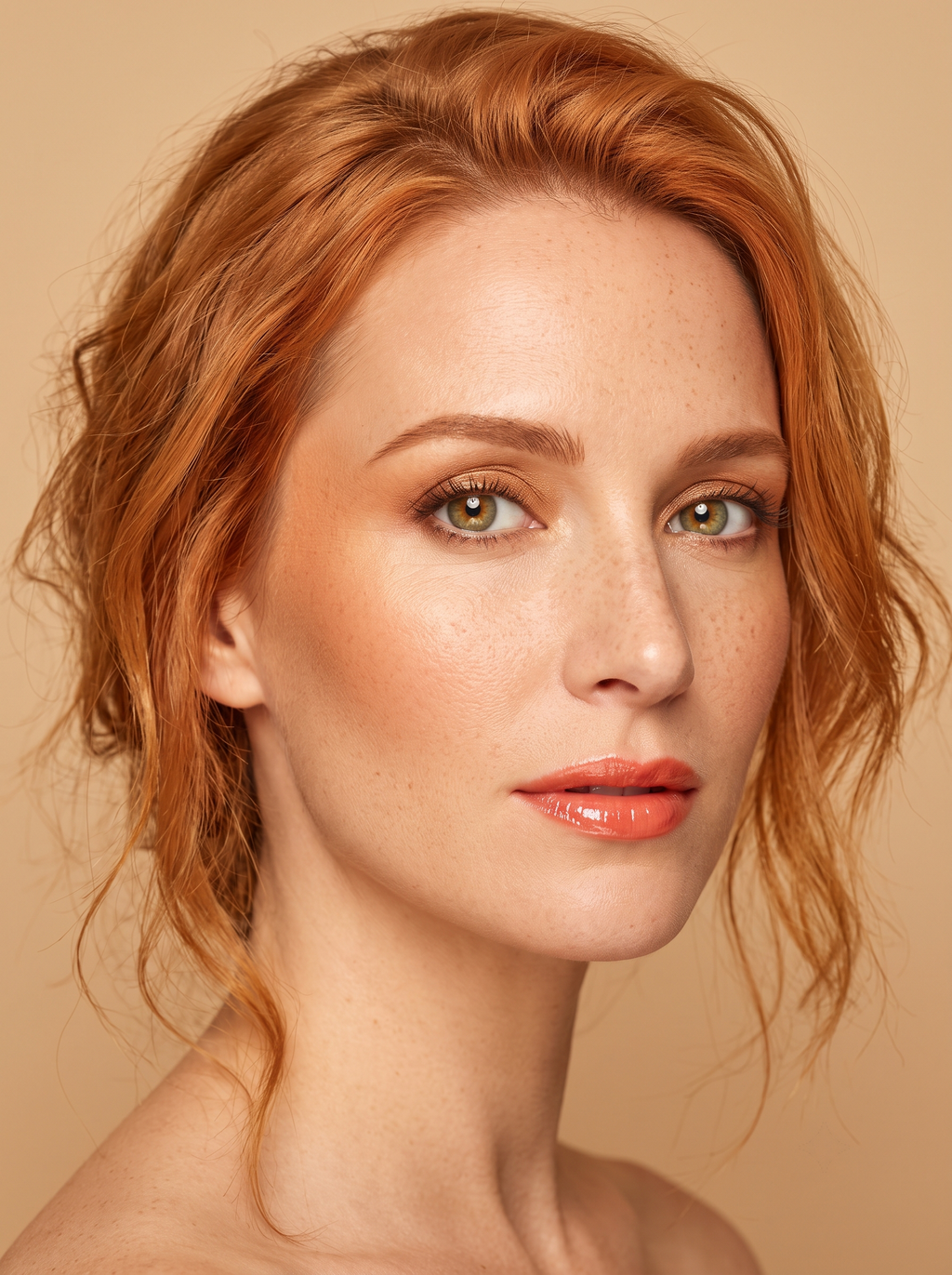 True Spring beach look with warm apricot cream blush draped from cheekbone to temple and onto the outer lid, golden-bronze shimmer blended into the set apricot, and copper definition in the low outer corner