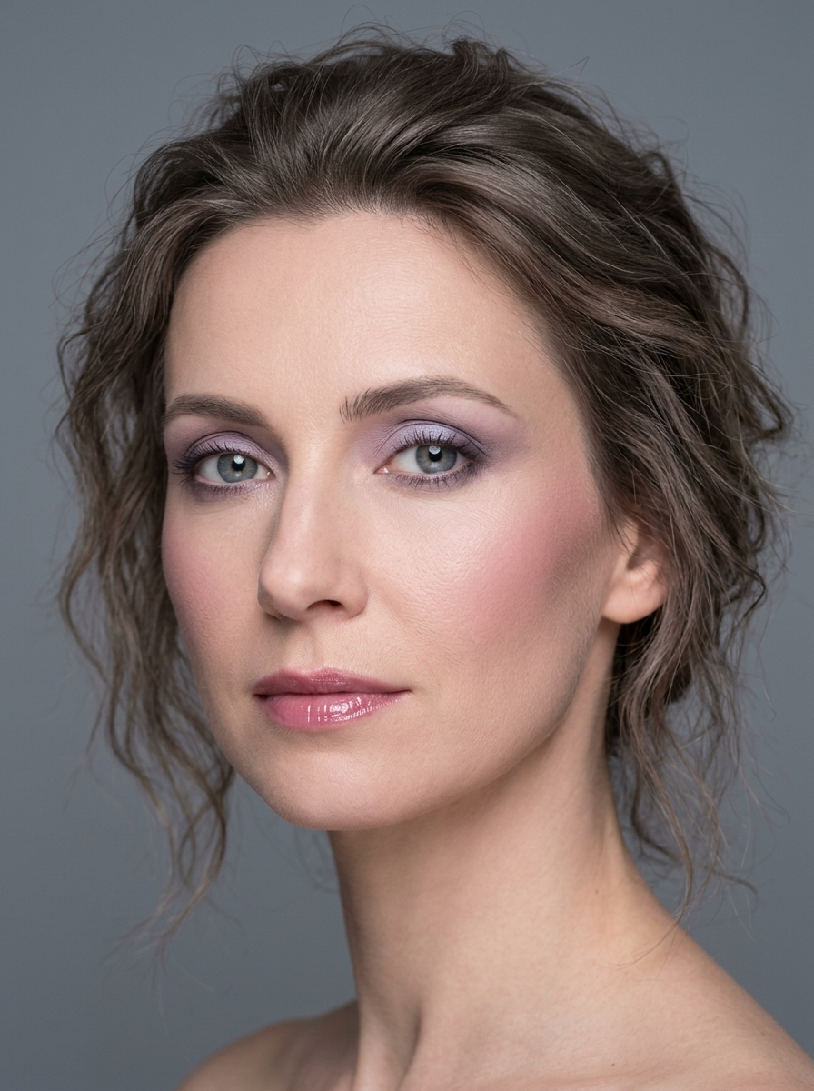 True Summer beach eye with a cool mauve set base, periwinkle-mauve satin concentrated in the middle of the lid, and cohesive cool plum blended softly into both corners for a round, light-catching halo