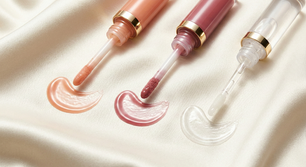 Three open lip gloss wands resting on a cream satin surface showing warm peach, cool rose-berry, and clear swatches in soft crescents with diffused glossy reflections