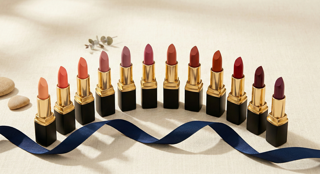 Twelve lipstick bullets arranged in a seasonal arc from warm peachy corals to deep cool berry-plums