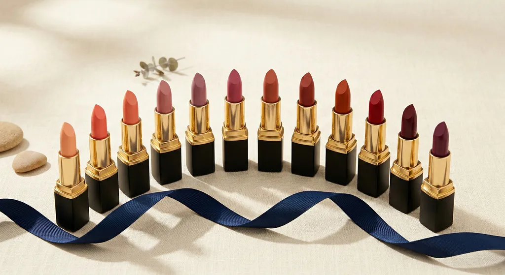 Twelve lipstick bullets arranged in a seasonal arc from warm peachy corals to deep cool berry-plums