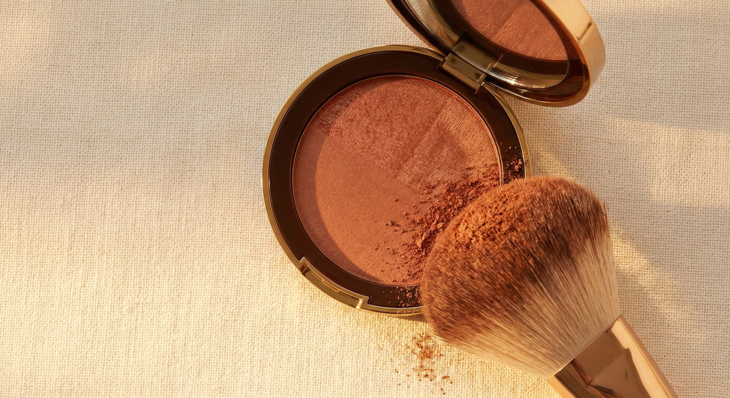 Open bronzer compact on cream linen with a fluffy powder brush dusted with terracotta bronze powder in warm late-afternoon light