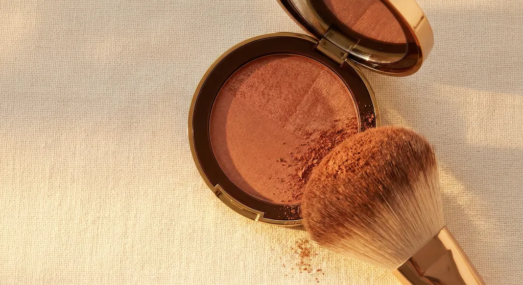 Open bronzer compact on cream linen with a fluffy powder brush dusted with terracotta bronze powder in warm late-afternoon light