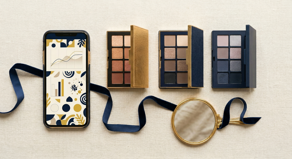 Smartphone displaying AI makeup analysis alongside eyeshadow palettes and a hand mirror on cream surface