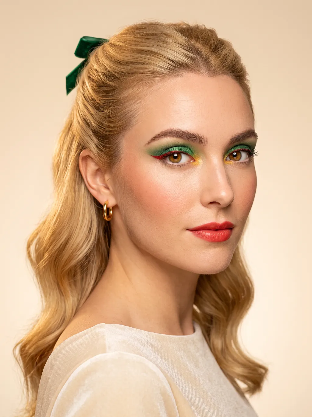 Clear holly-green eyeshadow with a saffron gold inner corner and a clear warm red graphic wing on Bright Spring coloring