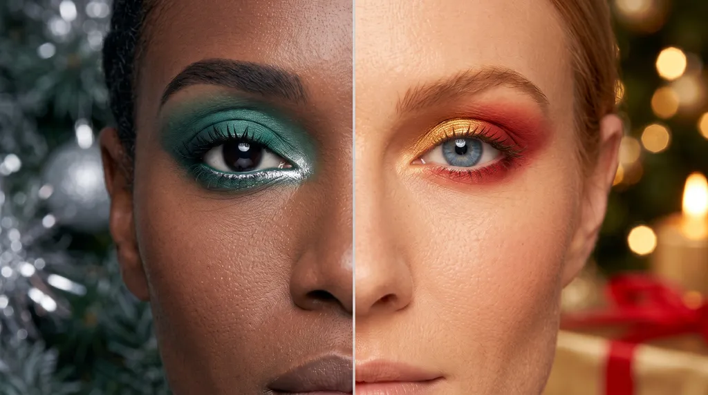 Two Christmas eye looks split down the middle of one face: a cool emerald smoky eye with a mirror-silver lower lash line in front of a tree hung with silver ornaments on the left, and a warm gold lid framed in red in front of candlelight and ribbon-tied gifts on the right