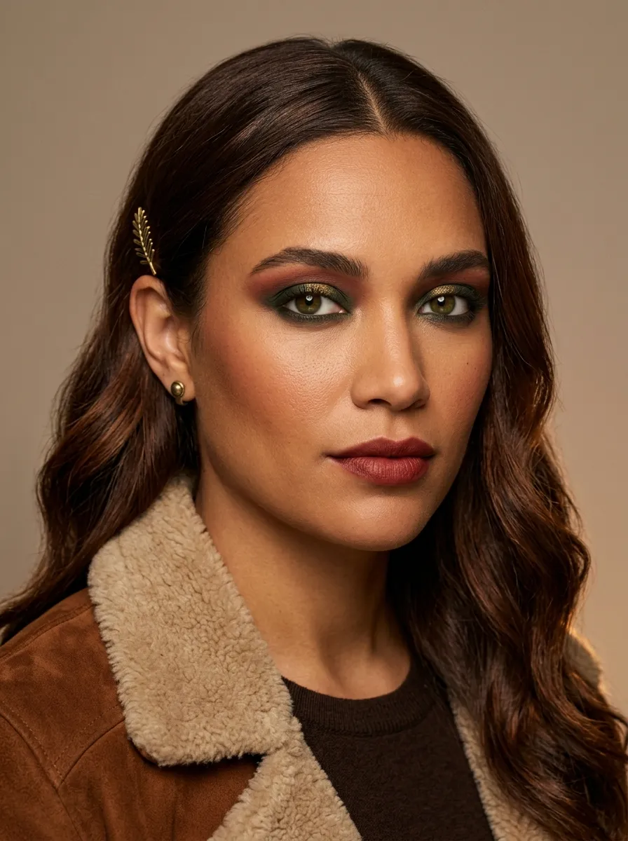 Deep warm forest-green smoky eye with mahogany above the crease and a pool of antique gold at the lid center on Dark Autumn coloring