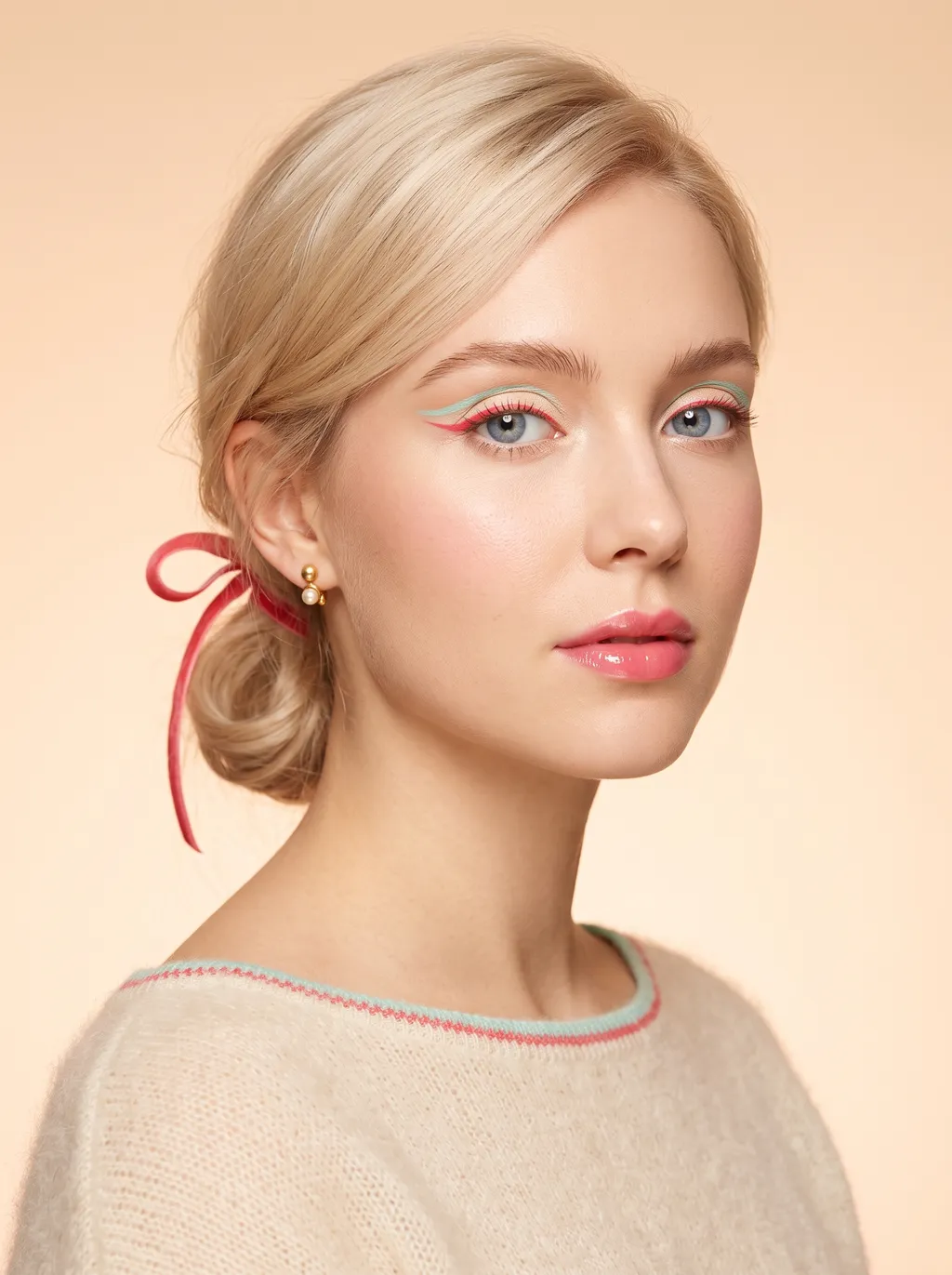 Sugared ivory eyeshadow with stacked light watermelon red and aqua-mint graphic liner along the upper lash line on Light Spring coloring