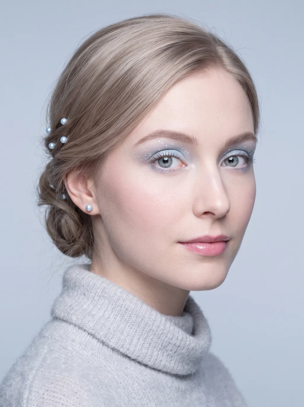 Sheer powder-blue eyeshadow with fine iridescent glitter scattered across the lid like falling snow on Light Summer coloring