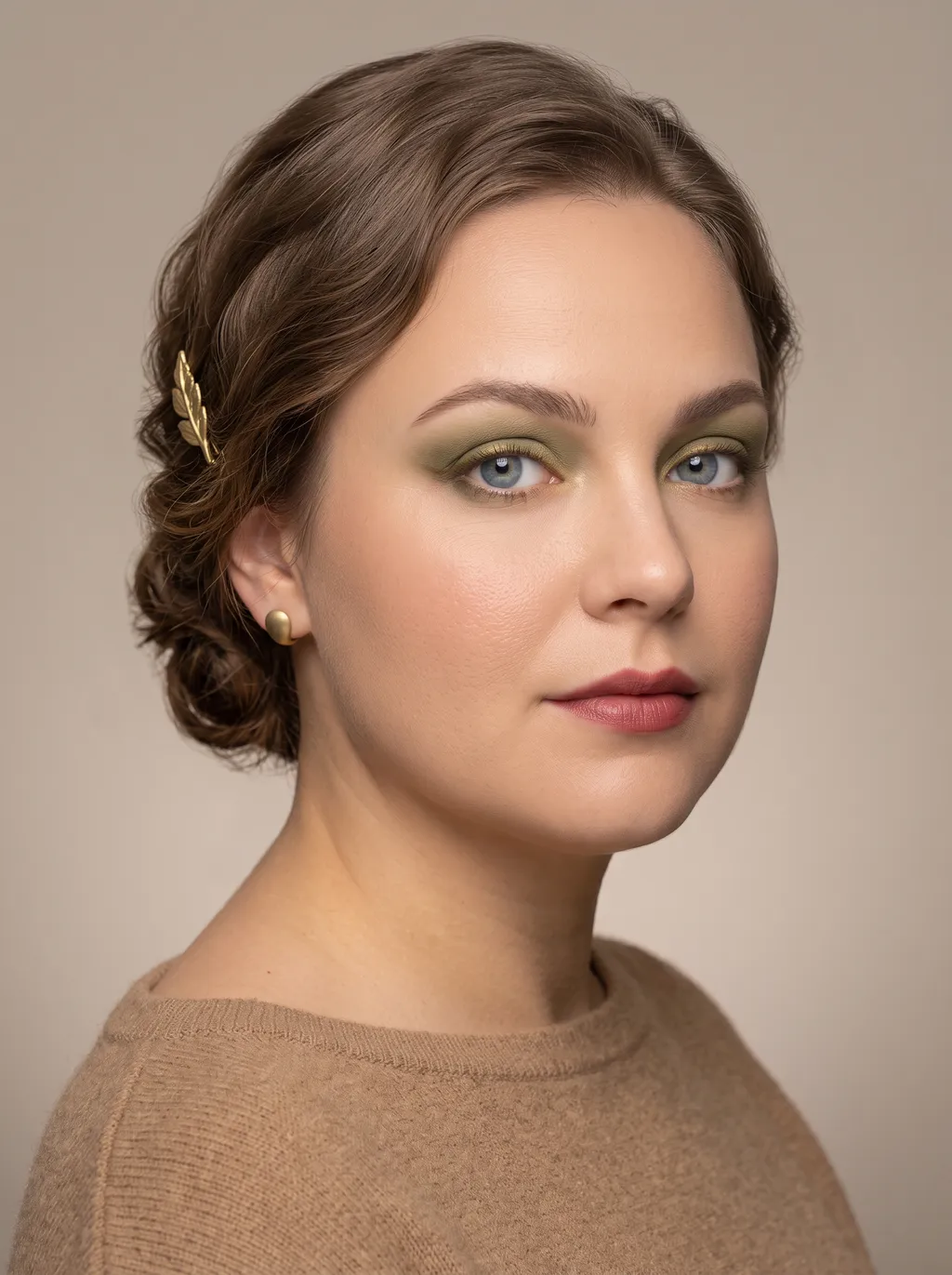 Soft olive eyeshadow deepened with moss at the outer corner and a smooth muted-gold liner along the upper lash line on Soft Autumn coloring