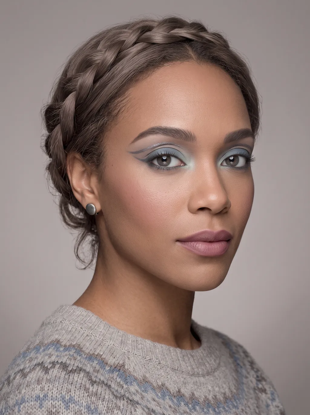 Muted steel-blue eyeshadow with a fine antique-pewter line floating above the crease on Soft Summer coloring