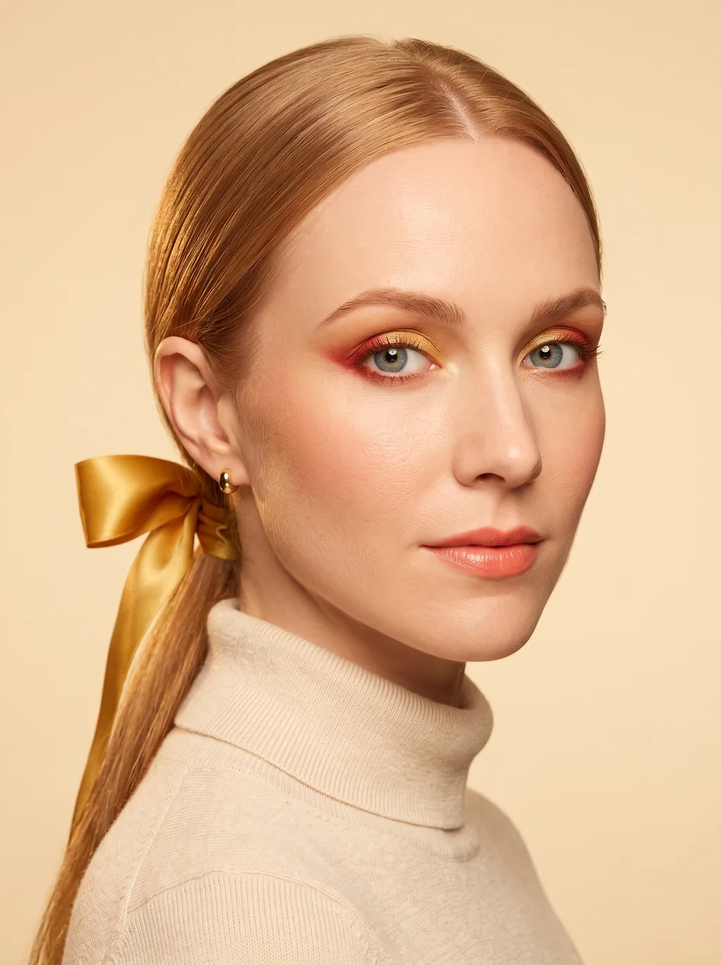 Molten clear gold eyelid framed by true warm red in the outer V and under the outer lower lashes, with a pale gold inner corner, on True Spring coloring