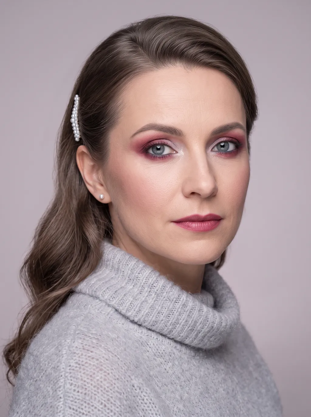 Diffused cool cranberry eyeshadow with fine silver frost pressed over the lid center and a pale silver inner corner on True Summer coloring