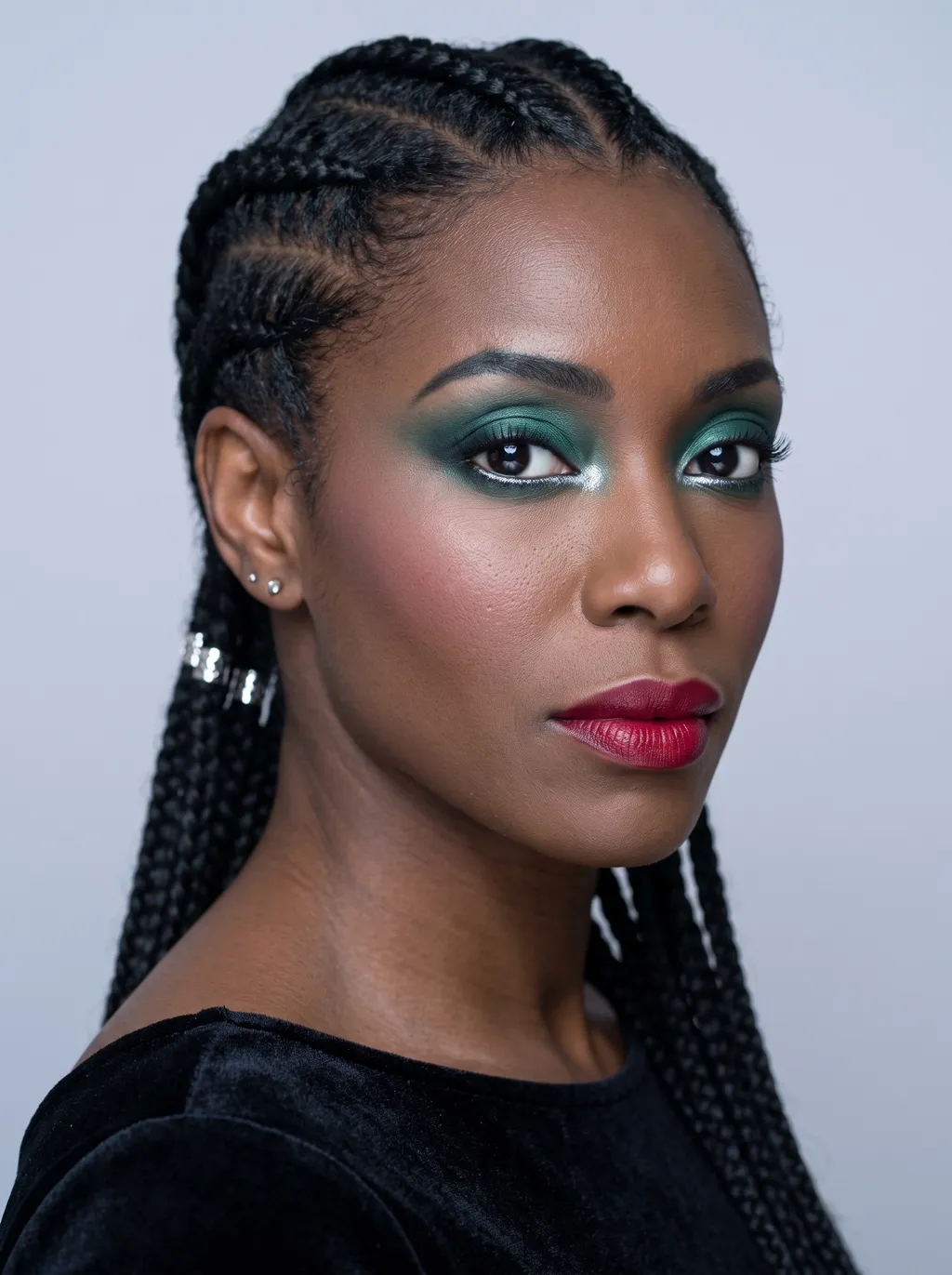Diffused emerald smoky eye wrapping the whole eye with a thin mirror-silver line under the lower lashes, a silver inner corner, and a blue-red lip on True Winter coloring