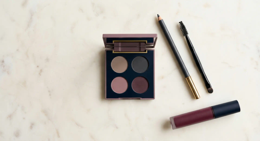 Close-up of an eye area with a barely-there cool taupe wash on the lid, soft charcoal smudged along the lash line, and groomed dark brows against cool-toned skin