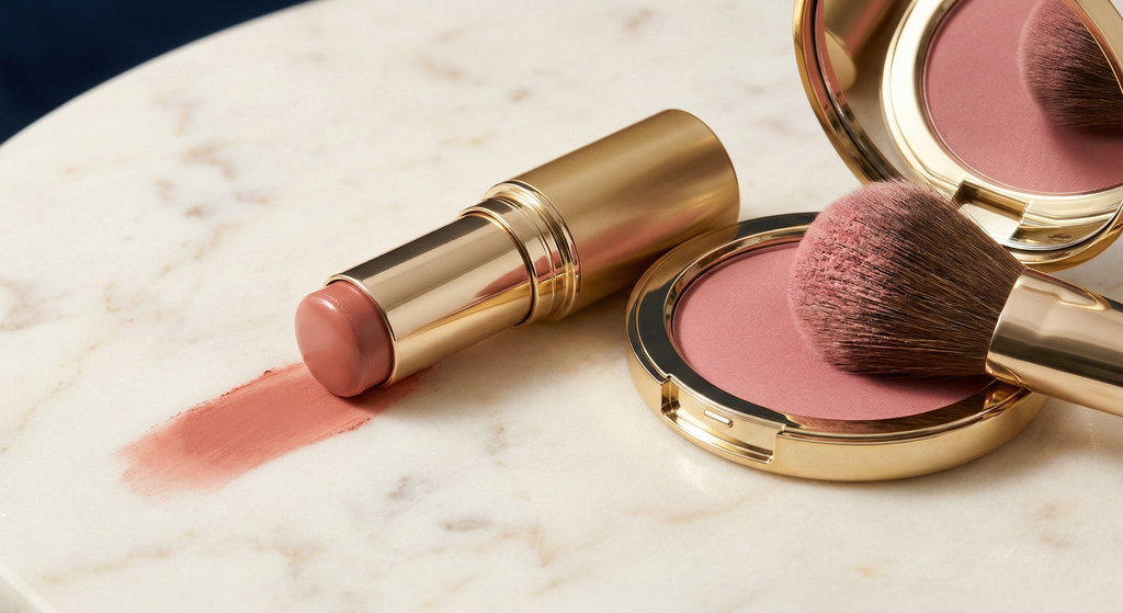 Cream blush stick with a warm rose-peach swatch beside a pressed powder compact and brush on a cream marble surface