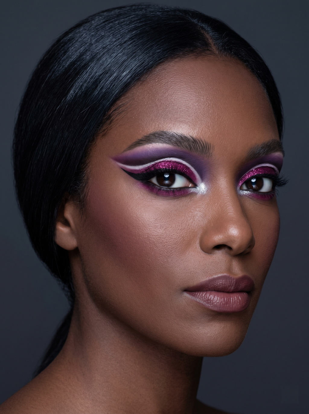 Dark Winter festival eye with a dense fuchsia glitter lid framed by a stacked white and black double-outline wing, over a rich plum crease