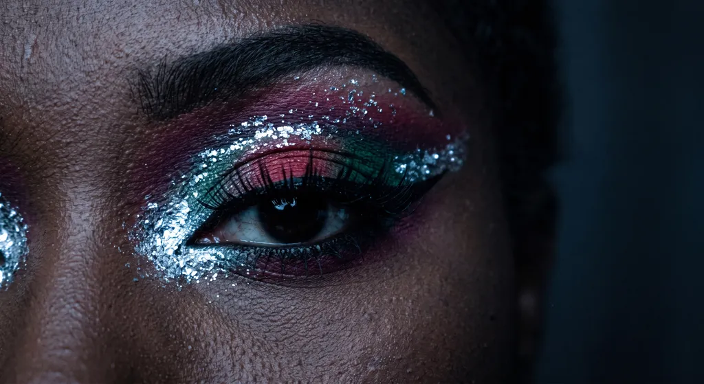 Close-up of a single Dark Winter festival eye with a jet black graphic wing, a cool jewel-toned gradient of red, plum, and emerald, and an icy chrome-silver spark at the inner corner, shot with dramatic single-source lighting against a near-black backdrop