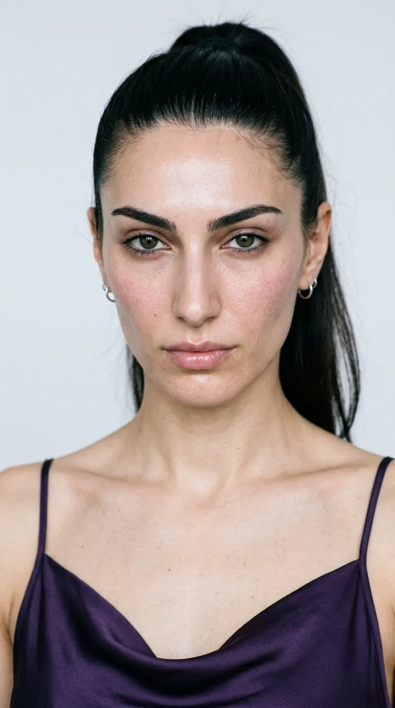 Bare-faced portrait of a woman with a cool olive complexion, a green-gray overtone over a pink undertone, against a soft neutral background