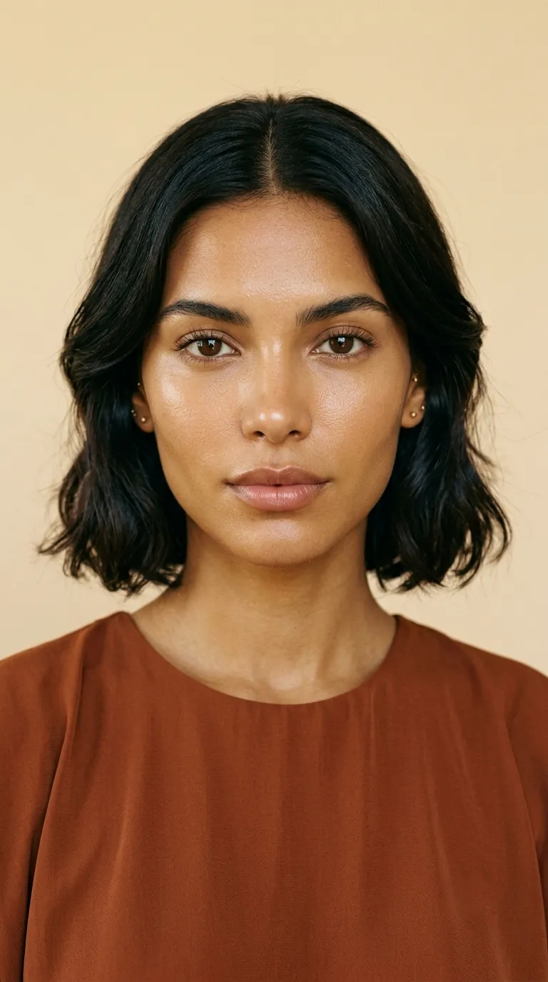Bare-faced portrait of a woman with a warm olive complexion, a green-gold overtone over a golden undertone, against a warm neutral background