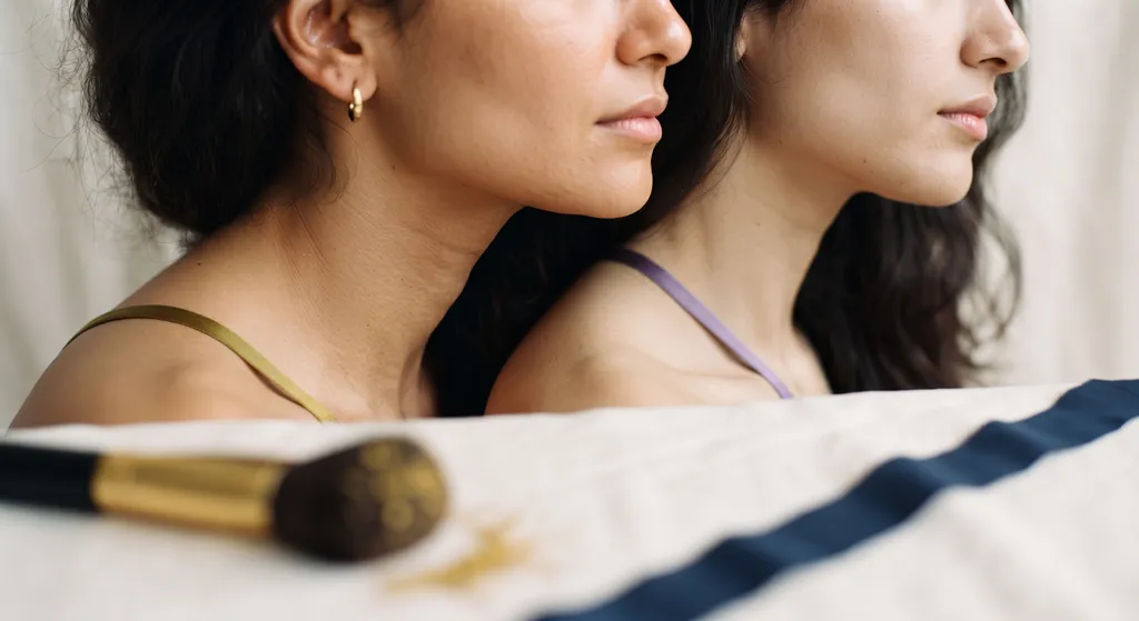 Close-up split portrait comparing a cool olive complexion with a green-gray cast against a warm olive complexion with a green-gold cast, both tested with a sheet of white paper near the jaw