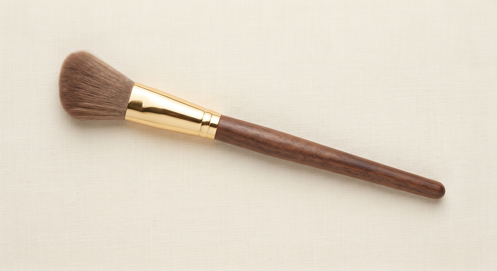 Angled cheek brush with soft rounded bristles cut on a slant, wood handle and gold ferrule