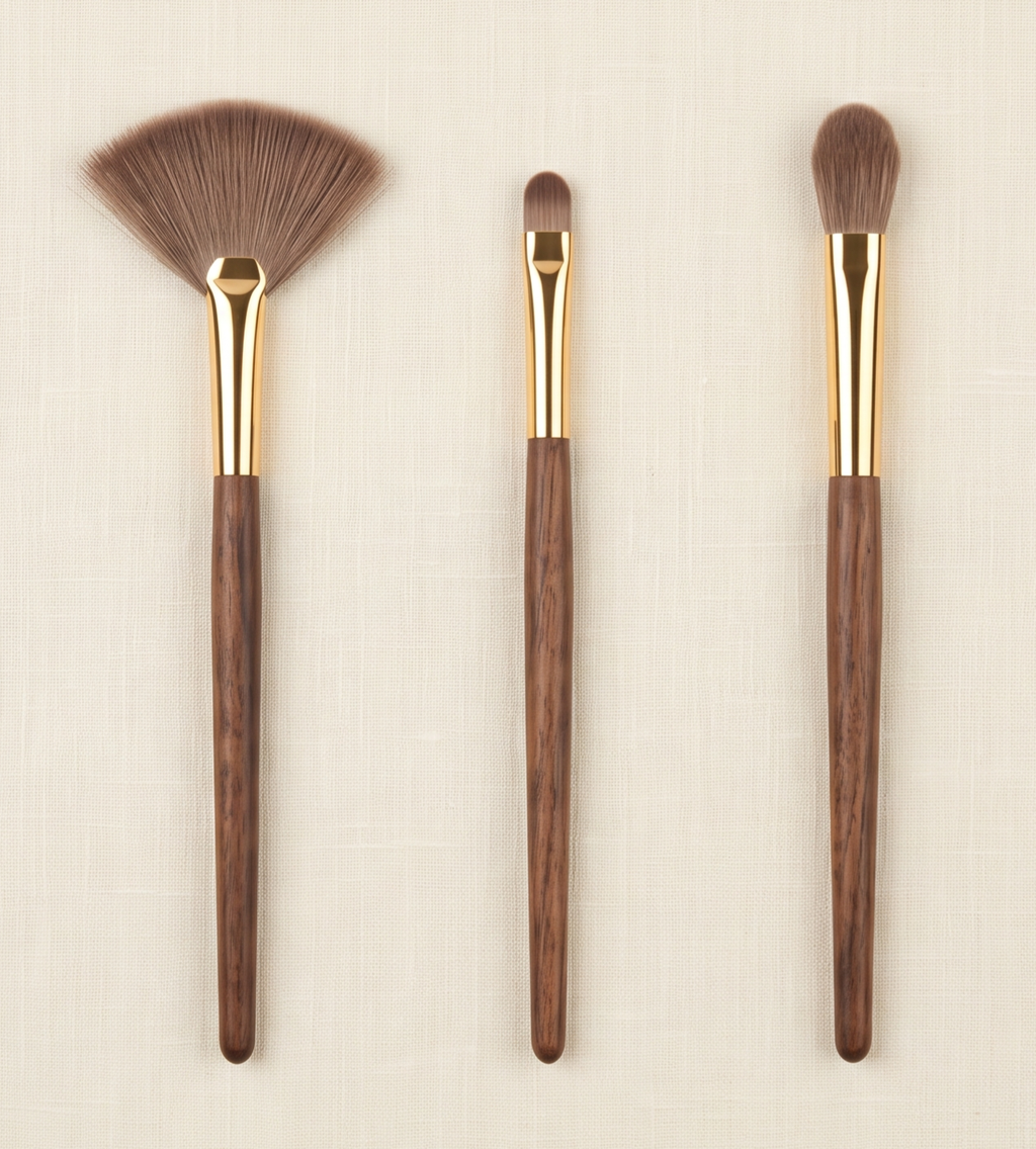 Three makeup brushes worth skipping: a fan brush, a small lip brush, and a round highlighter brush, arranged side by side on cream linen